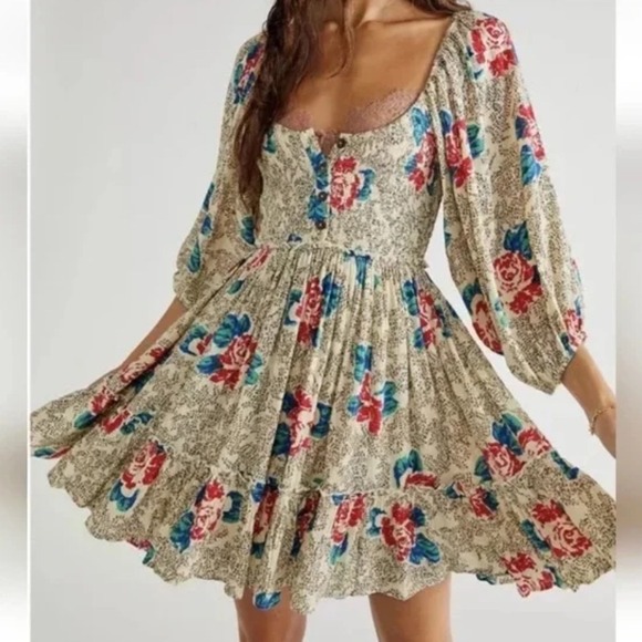Free People Dresses & Skirts - Free People Floral Boho Smocked Mini Dress Balloon Sleeve Size L Whimsical Retro